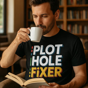 "Plot Hole Fixer" black reading rainbow tshirt - also one of the gifts for people who like to read