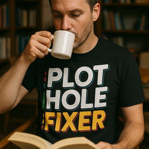 "Plot Hole Fixer" black reading rainbow tshirt - also one of the presents for a reader