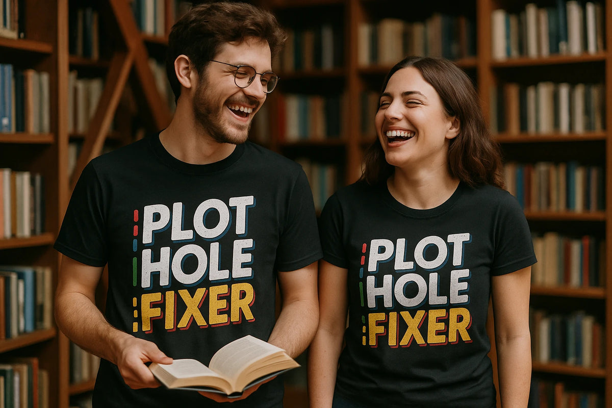 Person wearing the black reading rainbow tshirt graphic tee - "Plot Hole Fixer" design