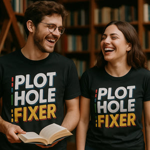 Person wearing the black reading rainbow tshirt graphic tee - "Plot Hole Fixer" design
