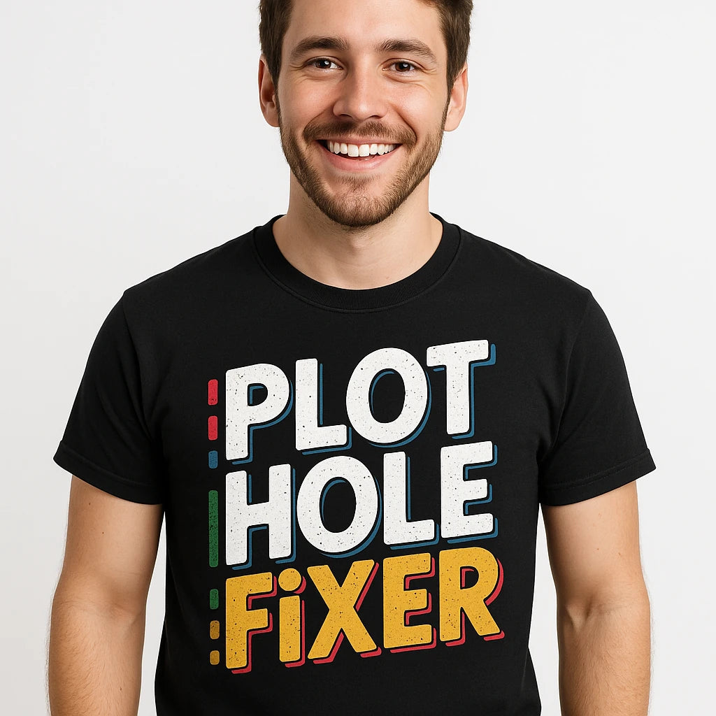 Close-up of the "Plot Hole Fixer" gold print on a premium Bella+Canvas black reading rainbow tshirt
