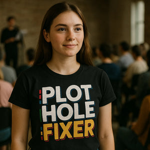 Lifestyle shot of the "Plot Hole Fixer" black reading rainbow tshirt in a real-world setting