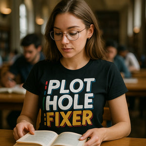 "Plot Hole Fixer" black reading rainbow tshirt - also one of the gifts for someone who loves reading