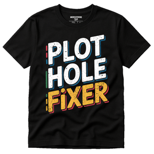 Black Reading Rainbow Tshirt - "Plot Hole Fixer" graphic tee with gold print, flat lay product photo