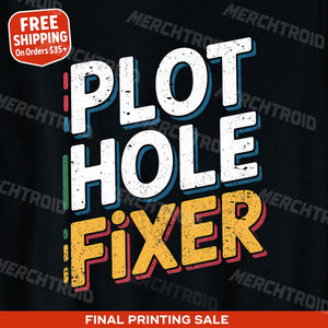 "Plot Hole Fixer" black reading rainbow tshirt, photographed as gifts for readers