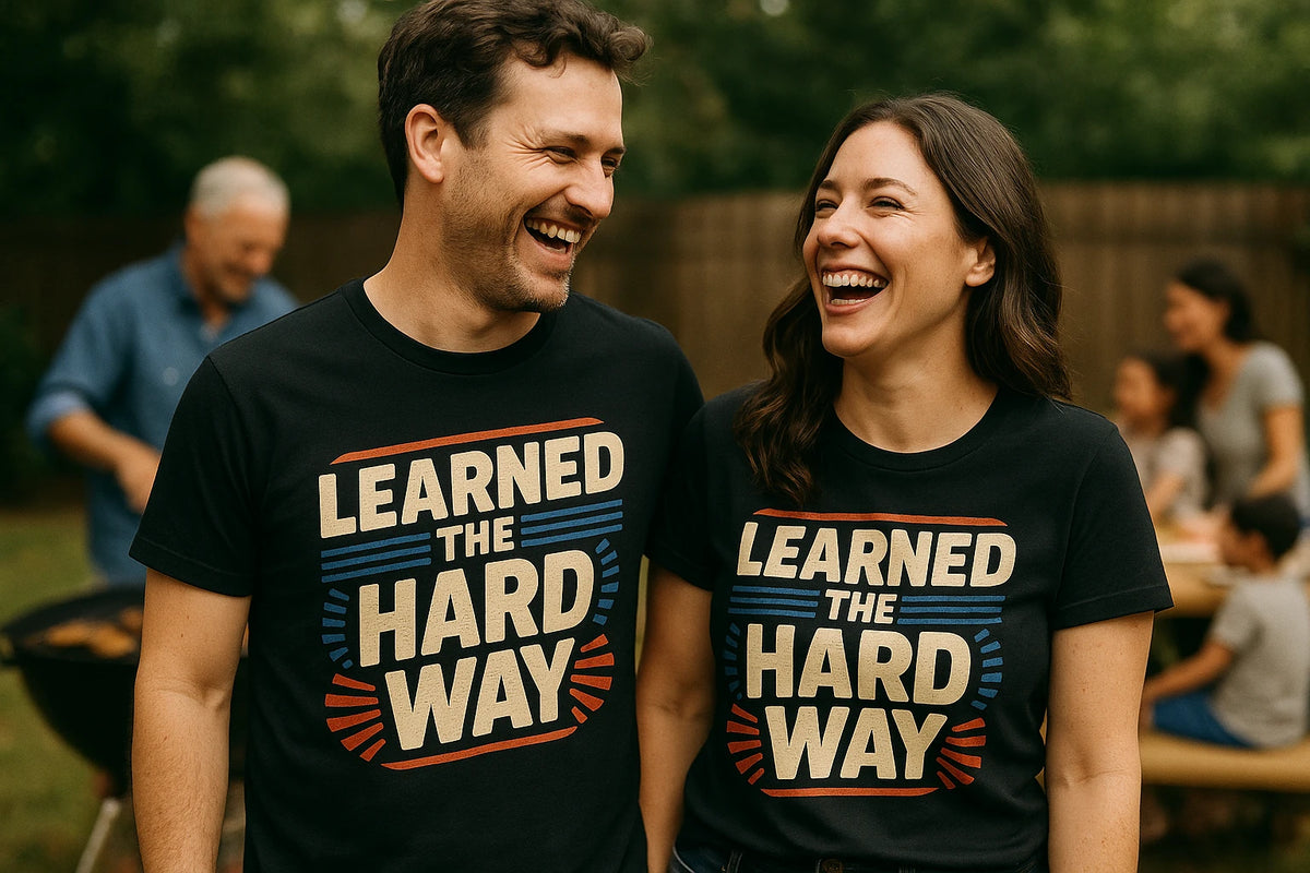 Person wearing the black dad shirts graphic tee - "Learned the Hard Way" design