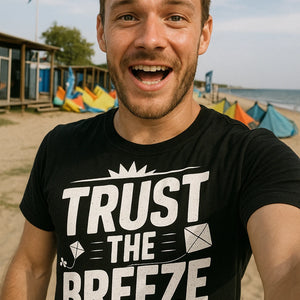 "Trust the Breeze" black kite flying t shirt, photographed as kite flying gift