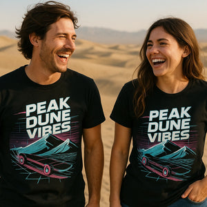 Person wearing the black sandboarding shirts graphic tee - "Peak Dune Vibes" design