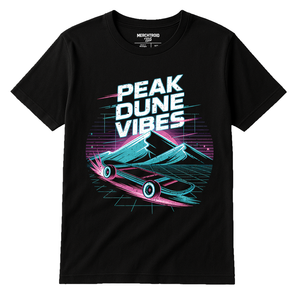 Black Sandboarding Shirts - "Peak Dune Vibes" graphic tee with gray print, flat lay product photo
