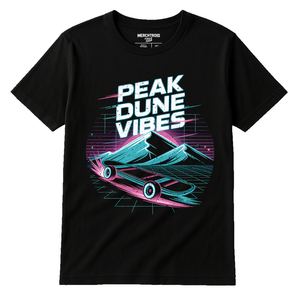 Black Sandboarding Shirts - "Peak Dune Vibes" graphic tee with gray print, flat lay product photo