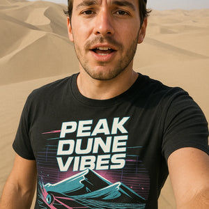 "Peak Dune Vibes" black sandboarding shirts, photographed as sandboarding lover gift
