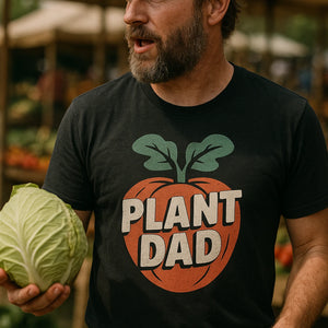 "Plant Dad" black vegetable t shirt, photographed as gifts for vegetable lovers