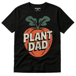 Black Vegetable T Shirt - "Plant Dad" graphic tee with brown print, flat lay product photo