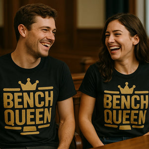 Person wearing the black judge t shirt graphic tee - "Bench Queen" design