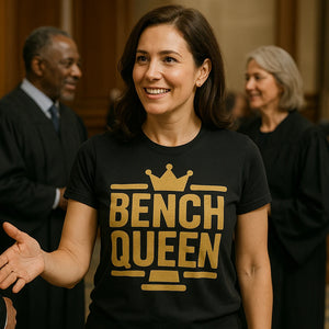 Lifestyle shot of the "Bench Queen" black judge t shirt in a real-world setting