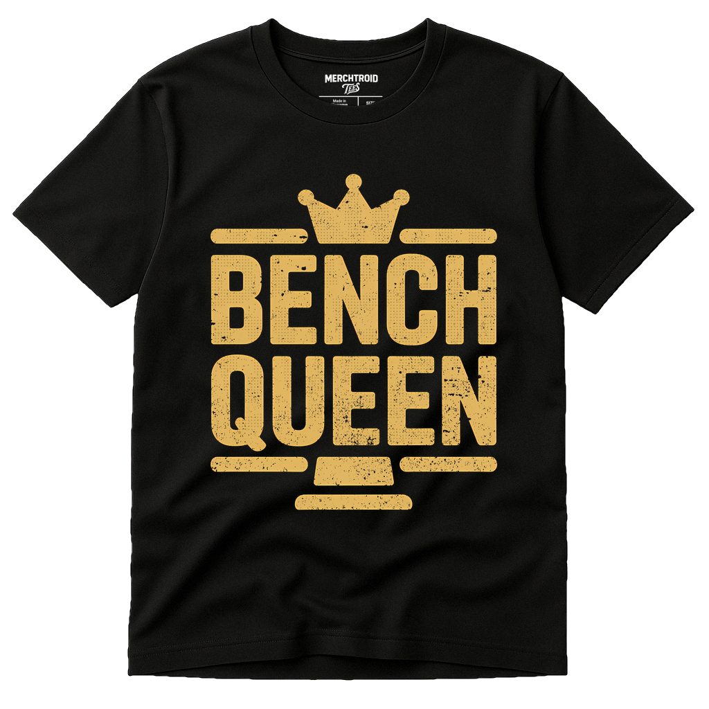 Black Judge T Shirt - "Bench Queen" graphic tee with gold print, flat lay product photo