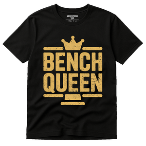 Black Judge T Shirt - "Bench Queen" graphic tee with gold print, flat lay product photo