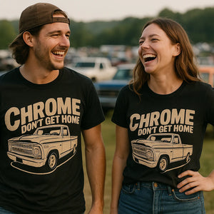 Person wearing the black trucks t shirt graphic tee - "Chrome Dont Get Home" design