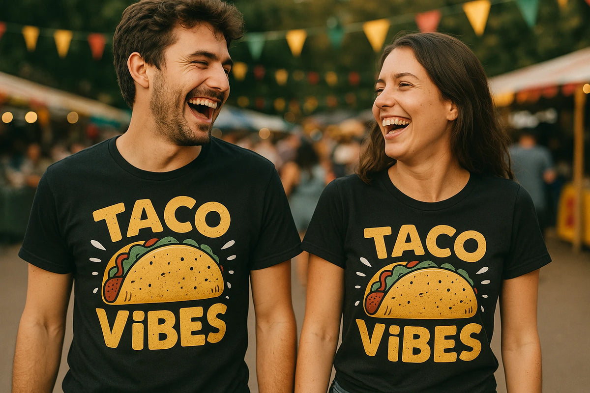Person wearing the black taco t shirt graphic tee - "Taco Vibes" design