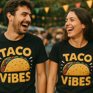 Person wearing the black taco t shirt graphic tee - "Taco Vibes" design