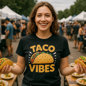 Lifestyle shot of the "Taco Vibes" black taco t shirt in a real-world setting