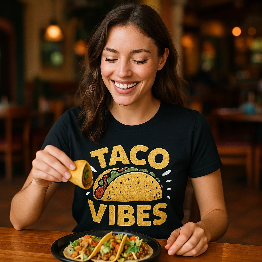 "Taco Vibes" black taco t shirt, photographed as gift for taco lover