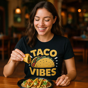 "Taco Vibes" black taco t shirt, photographed as gift for taco lover
