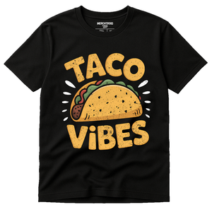 Black Taco T Shirt - "Taco Vibes" graphic tee with gold print, flat lay product photo