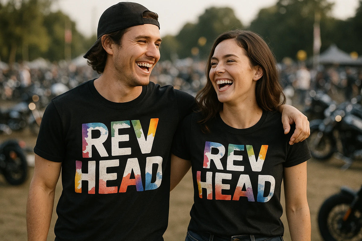 Person wearing the black motorcycle t shirt graphic tee - "Rev Head" design