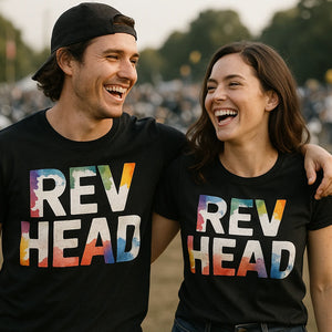 Person wearing the black motorcycle t shirt graphic tee - "Rev Head" design