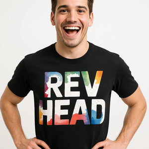 Close-up of the "Rev Head" white print on a premium Bella+Canvas black motorcycle t shirt