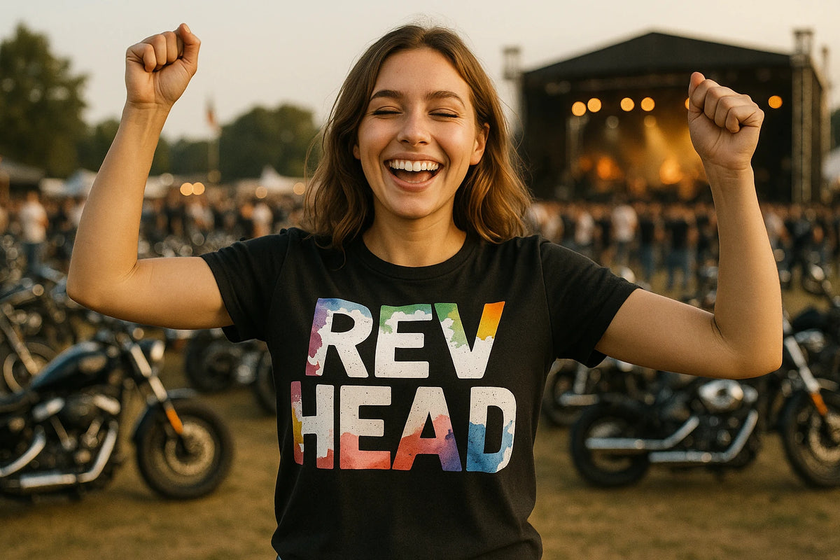 Lifestyle shot of the "Rev Head" black motorcycle t shirt in a real-world setting