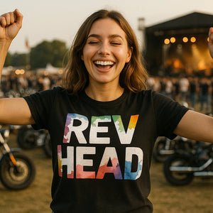 Lifestyle shot of the "Rev Head" black motorcycle t shirt in a real-world setting