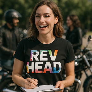 "Rev Head" black motorcycle t shirt, photographed as gifts for motorcycle riders
