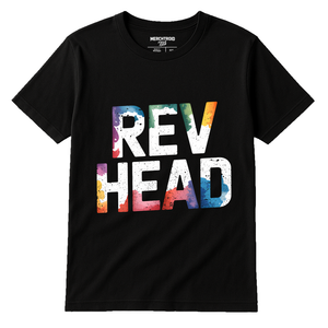 Black Motorcycle T Shirt - "Rev Head" graphic tee with white print, flat lay product photo