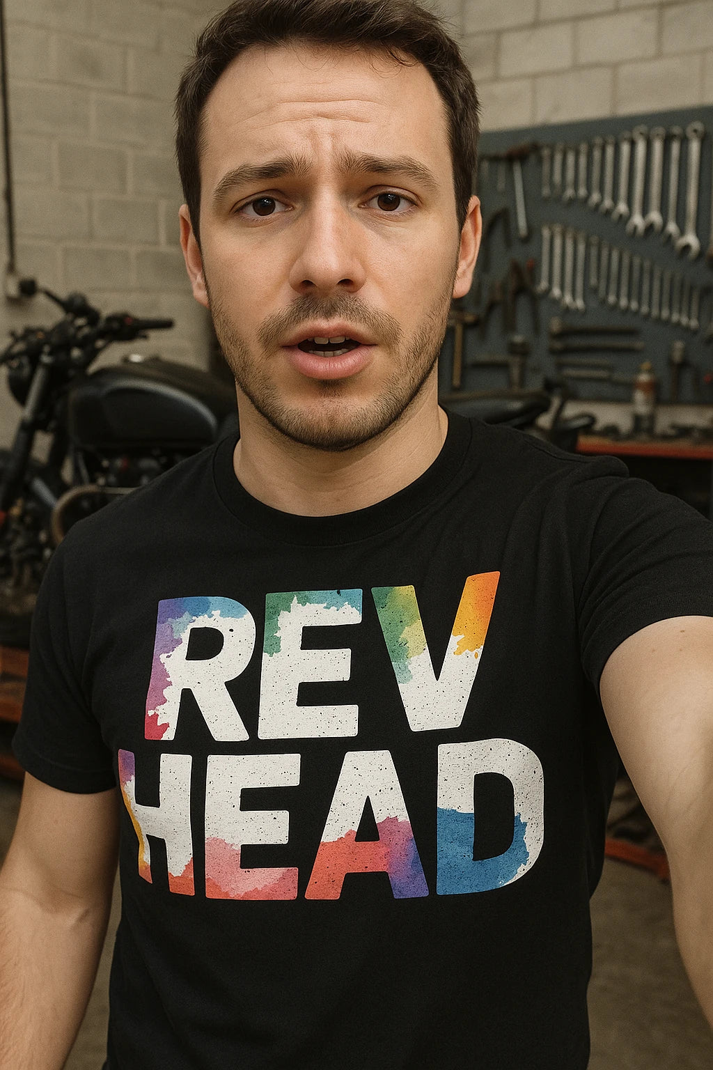 "Rev Head" black motorcycle t shirt - also a father's day gifts motorcycle lover