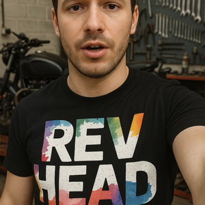 "Rev Head" black motorcycle t shirt - also a father's day gifts motorcycle lover