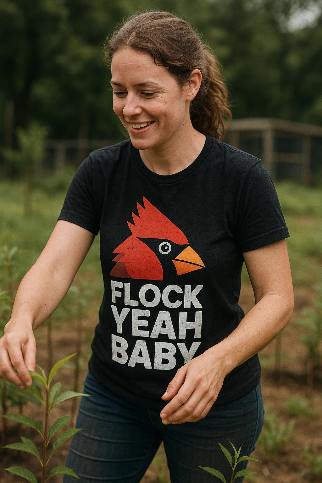"Flock Yeah Baby" black cardinal t shirt, photographed as gifts for cardinal lovers