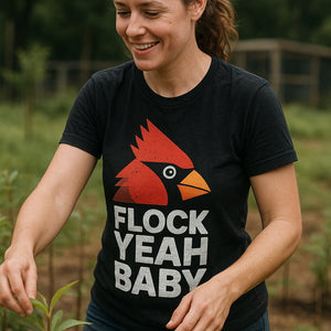 "Flock Yeah Baby" black cardinal t shirt, photographed as gifts for cardinal lovers