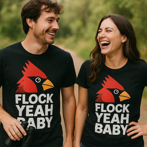 Person wearing the black cardinal t shirt graphic tee - "Flock Yeah Baby" design