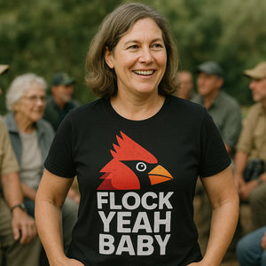 Lifestyle shot of the "Flock Yeah Baby" black cardinal t shirt in a real-world setting