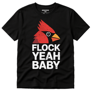 Black Cardinal T Shirt - "Flock Yeah Baby" graphic tee with white print, flat lay product photo