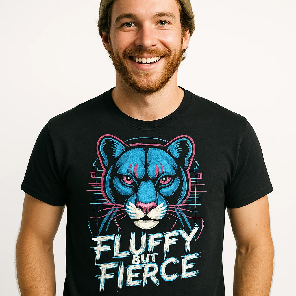 Close-up of the "Fluffy But Fierce" teal print on a premium Bella+Canvas black cougar t shirt designs