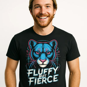 Close-up of the "Fluffy But Fierce" teal print on a premium Bella+Canvas black cougar t shirt designs