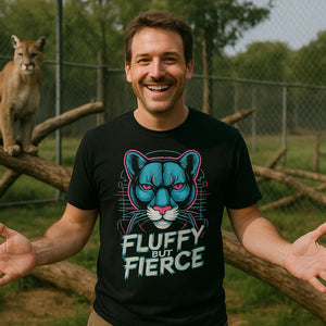 Lifestyle shot of the "Fluffy But Fierce" black cougar t shirt designs in a real-world setting