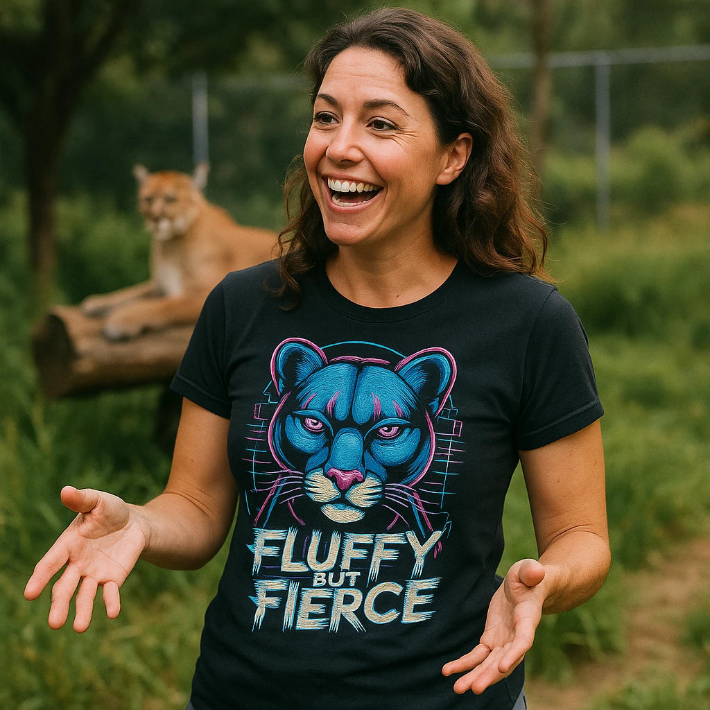 "Fluffy But Fierce" black cougar t shirt designs, photographed as cougar lover gift