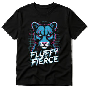 Black Cougar T Shirt Designs - "Fluffy But Fierce" graphic tee with teal print, flat lay product photo