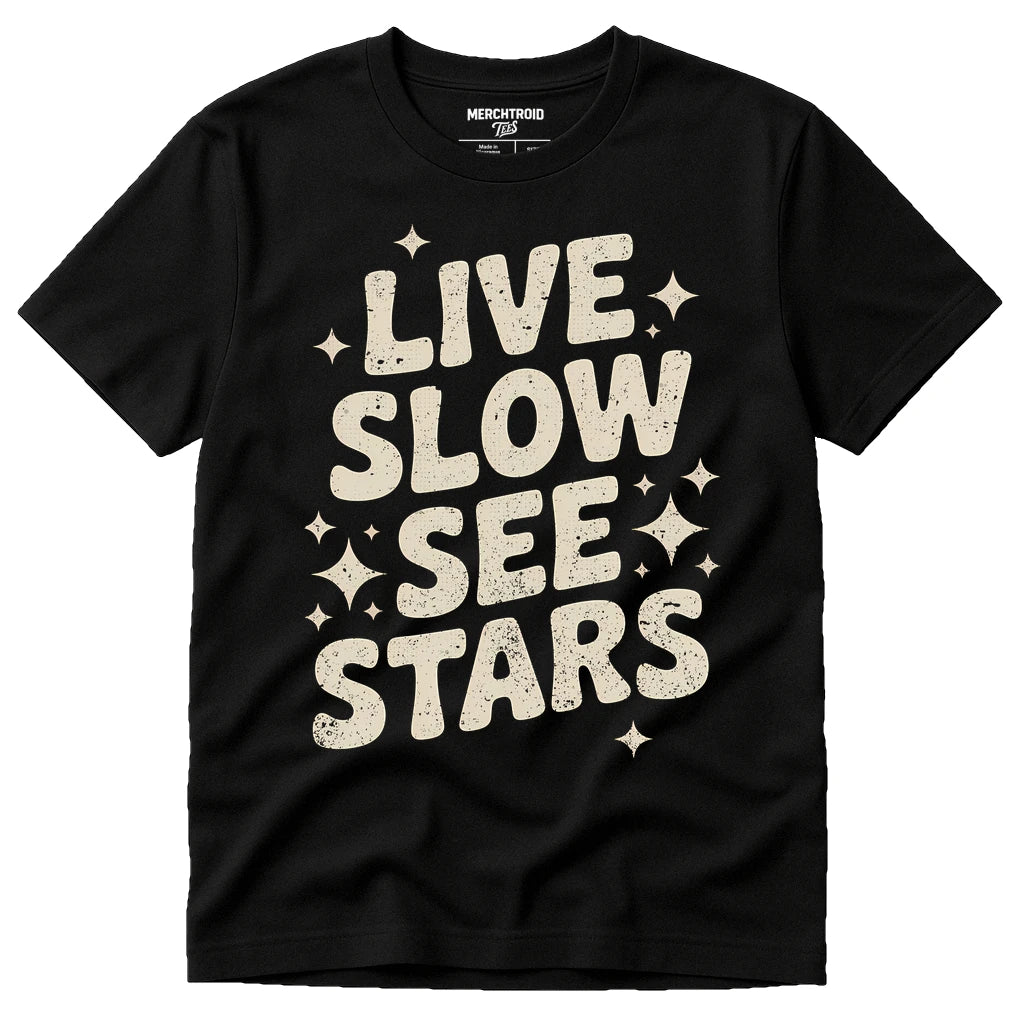 Black Stargazing T Shirt - "Live Slow See Stars" graphic tee with beige print, flat lay product photo