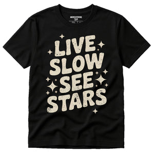 Black Stargazing T Shirt - "Live Slow See Stars" graphic tee with beige print, flat lay product photo