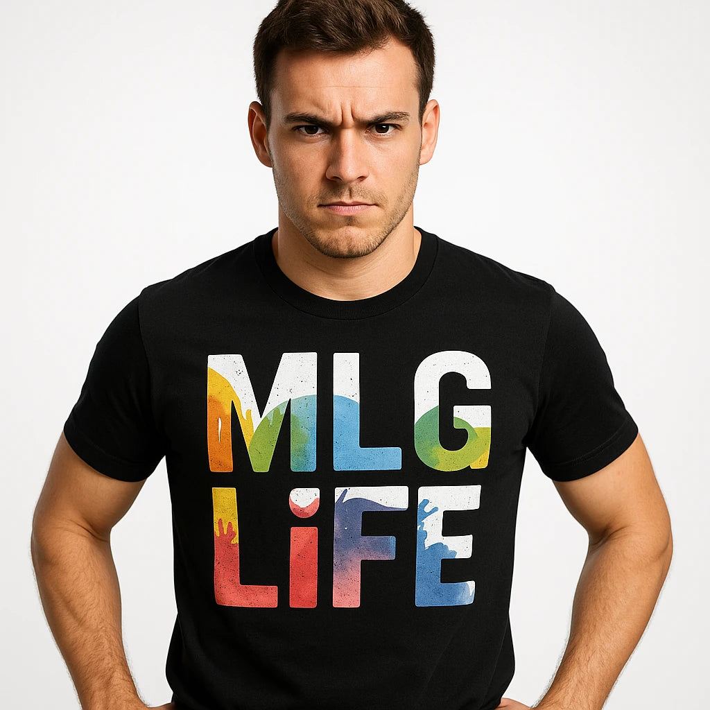 Close-up of the "Mlg Life" gray print on a premium Bella+Canvas black esports t shirt design